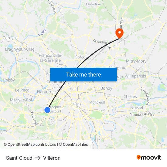 Saint-Cloud to Villeron map