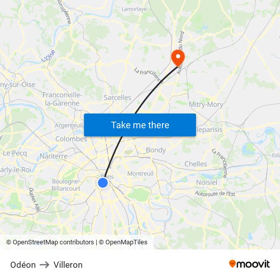 Odéon to Villeron map