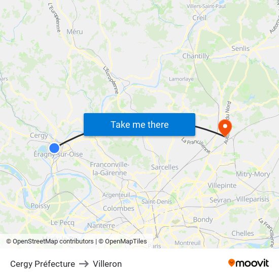 Cergy Préfecture to Villeron map