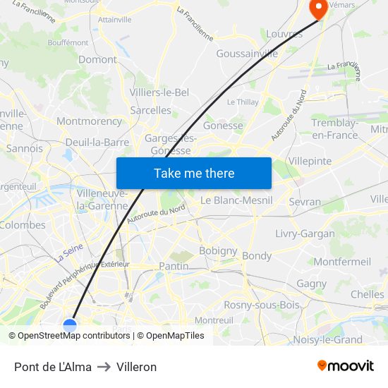 Pont de L'Alma to Villeron map