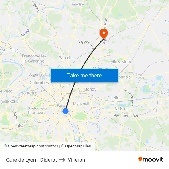 Gare de Lyon - Diderot to Villeron map