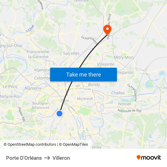 Porte D'Orléans to Villeron map