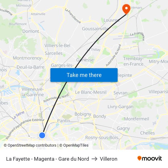 La Fayette - Magenta - Gare du Nord to Villeron map