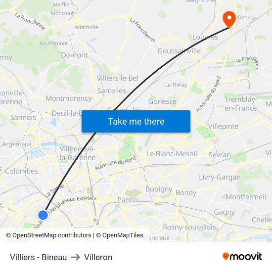 Villiers - Bineau to Villeron map