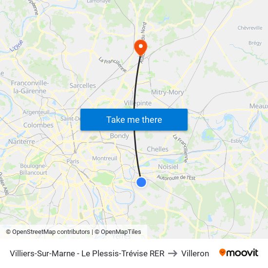 Villiers-Sur-Marne - Le Plessis-Trévise RER to Villeron map