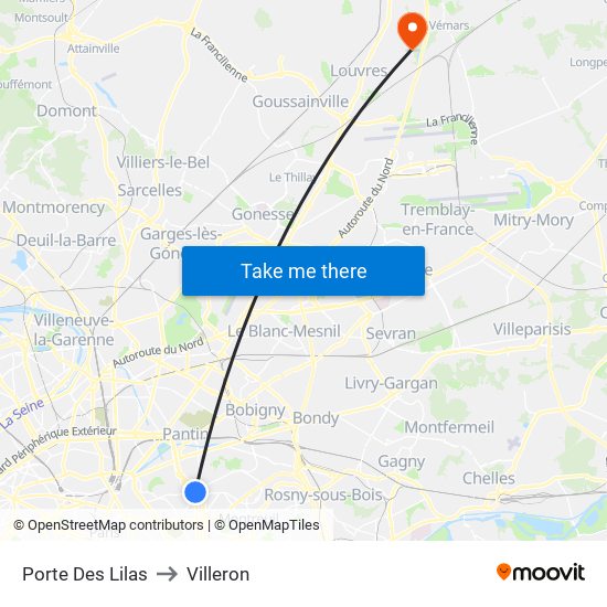 Porte Des Lilas to Villeron map