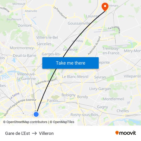 Gare de L'Est to Villeron map