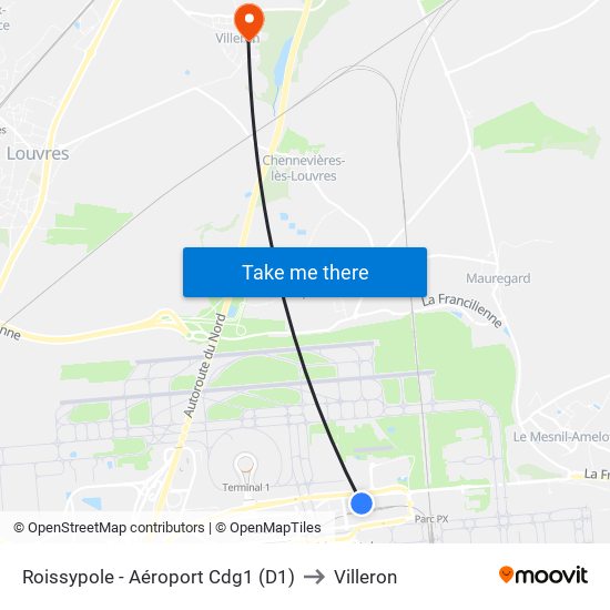 Roissypole - Aéroport Cdg1 (D1) to Villeron map