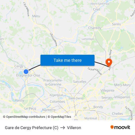 Gare de Cergy Préfecture (C) to Villeron map