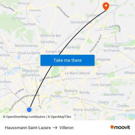 Haussmann Saint-Lazare to Villeron map