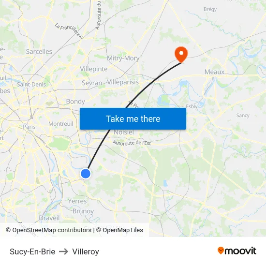 Sucy-En-Brie to Villeroy map