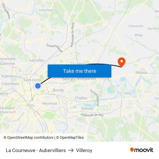 La Courneuve - Aubervilliers to Villeroy map