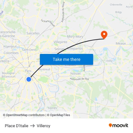 Place D'Italie to Villeroy map