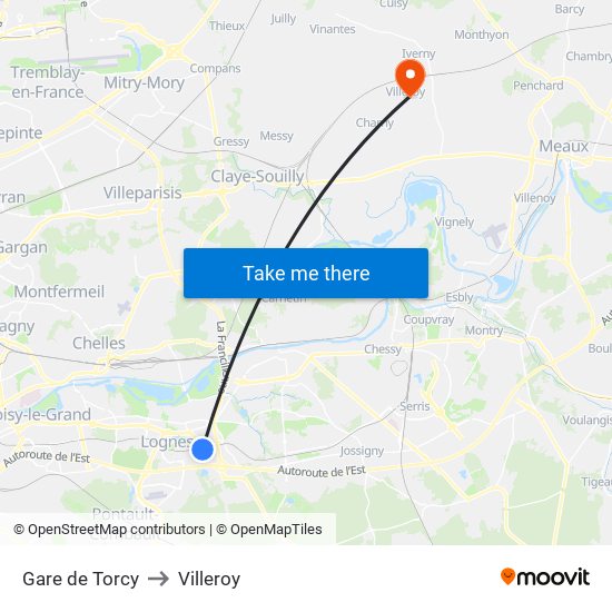 Gare de Torcy to Villeroy map