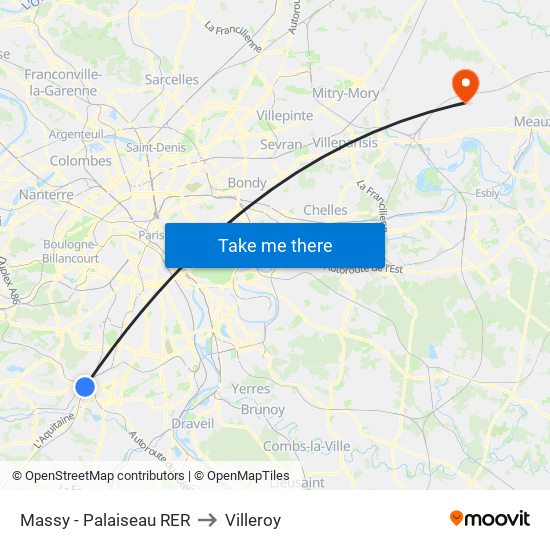 Massy - Palaiseau RER to Villeroy map