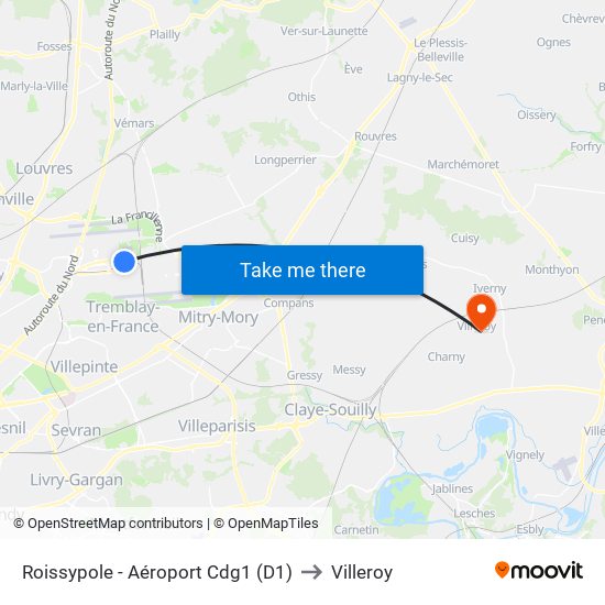 Roissypole - Aéroport Cdg1 (D1) to Villeroy map