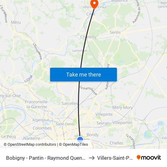 Bobigny - Pantin - Raymond Queneau to Villers-Saint-Paul map