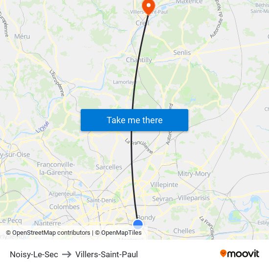 Noisy-Le-Sec to Villers-Saint-Paul map