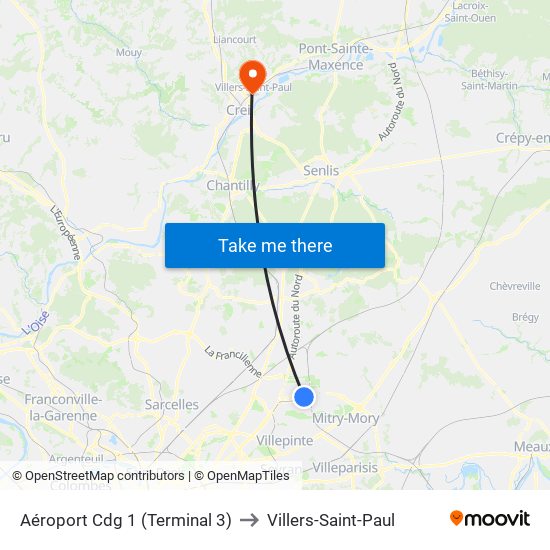 Aéroport Cdg 1 (Terminal 3) to Villers-Saint-Paul map