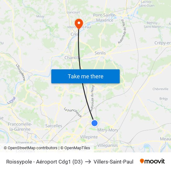 Roissypole - Aéroport Cdg1 (D3) to Villers-Saint-Paul map