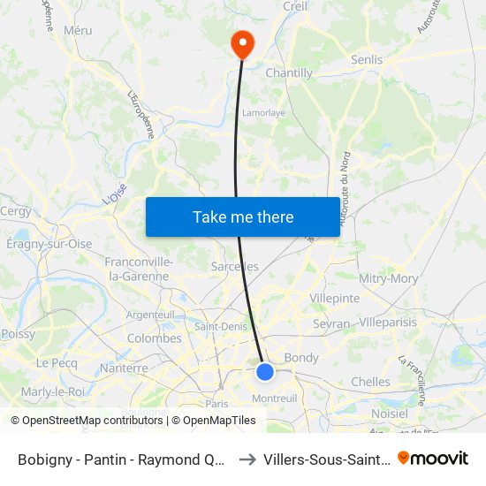 Bobigny - Pantin - Raymond Queneau to Villers-Sous-Saint-Leu map