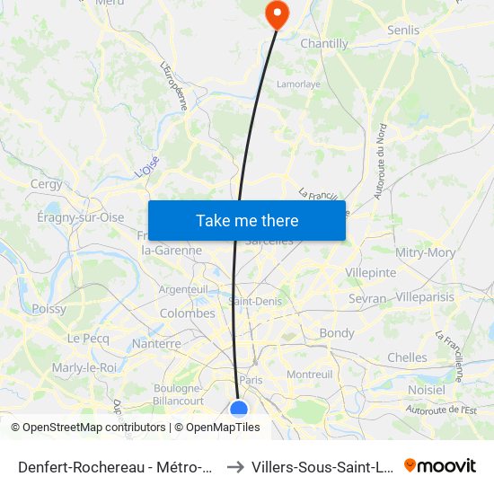 Denfert-Rochereau - Métro-Rer to Villers-Sous-Saint-Leu map