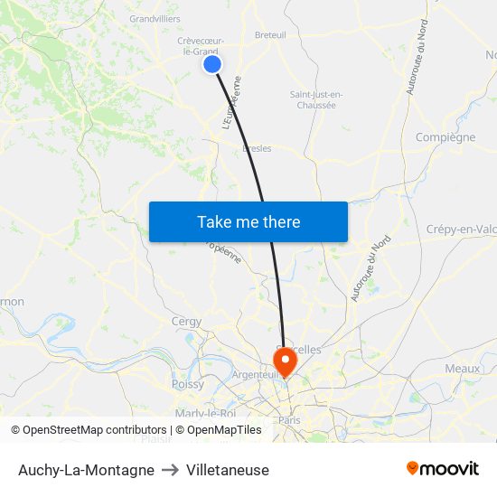 Auchy-La-Montagne to Villetaneuse map