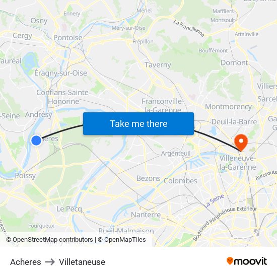 Acheres to Villetaneuse map