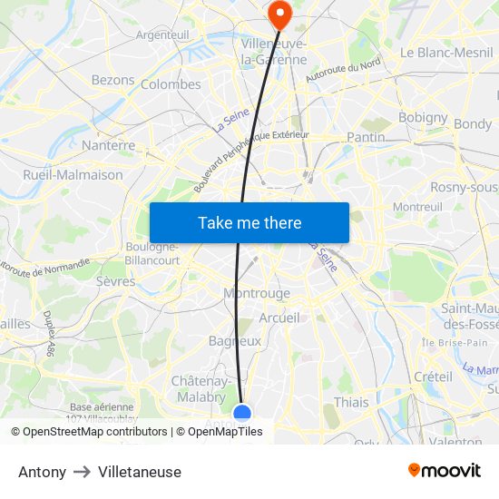 Antony to Villetaneuse map
