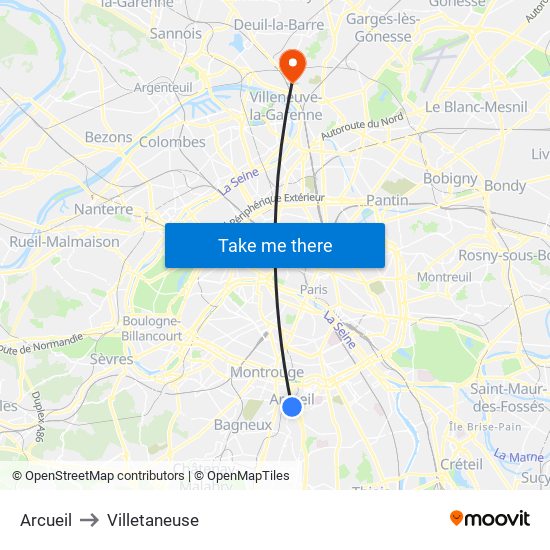 Arcueil to Villetaneuse map