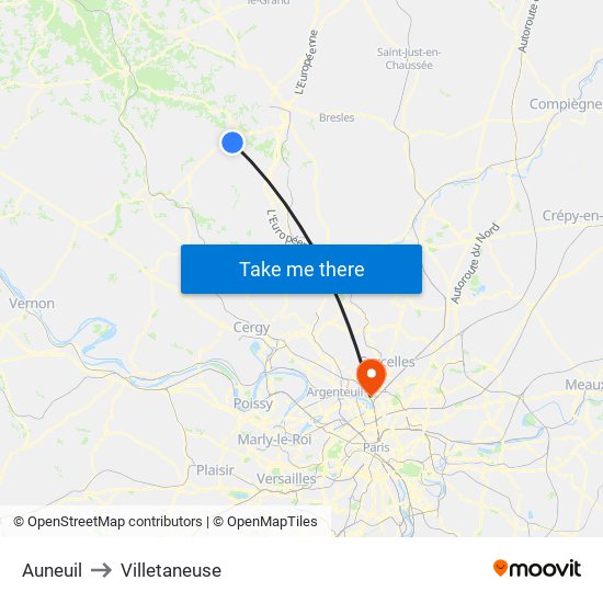 Auneuil to Villetaneuse map