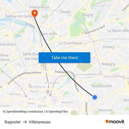 Bagnolet to Villetaneuse map