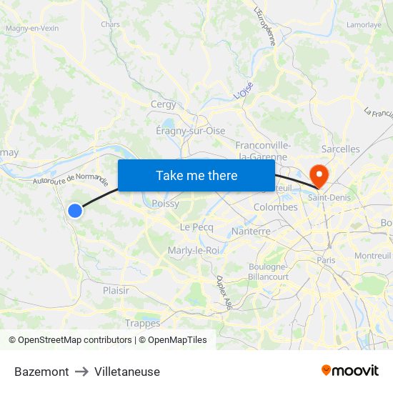 Bazemont to Villetaneuse map