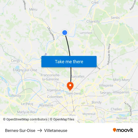 Bernes-Sur-Oise to Villetaneuse map