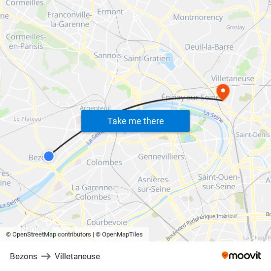 Bezons to Villetaneuse map