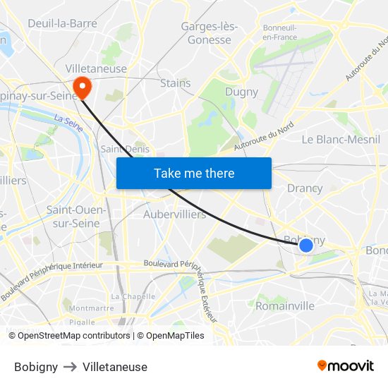 Bobigny to Villetaneuse map