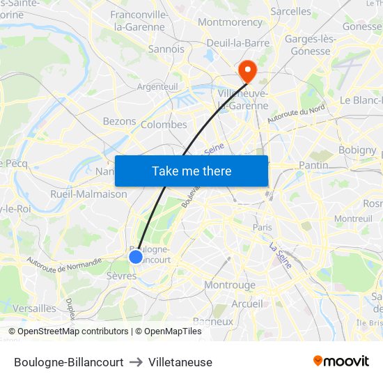 Boulogne-Billancourt to Villetaneuse map