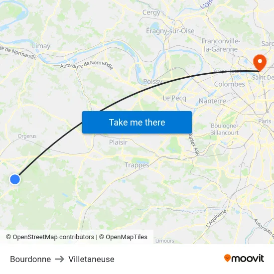 Bourdonne to Villetaneuse map