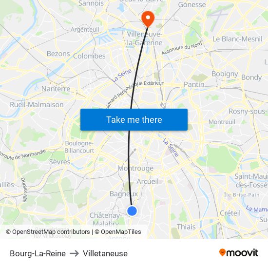 Bourg-La-Reine to Villetaneuse map
