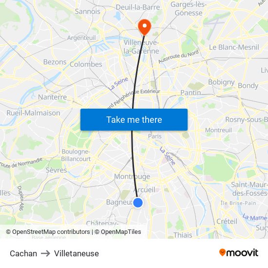 Cachan to Villetaneuse map