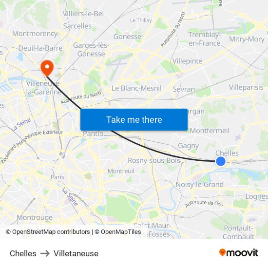 Chelles to Villetaneuse map