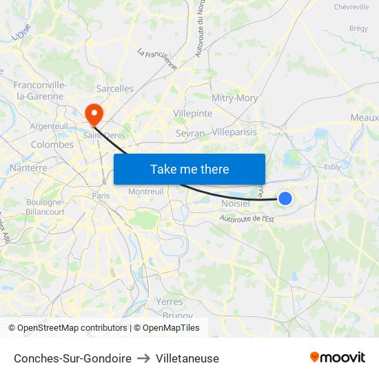 Conches-Sur-Gondoire to Villetaneuse map