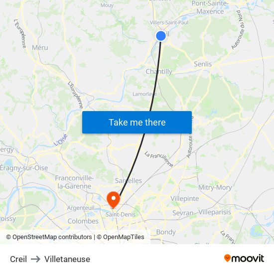 Creil to Villetaneuse map