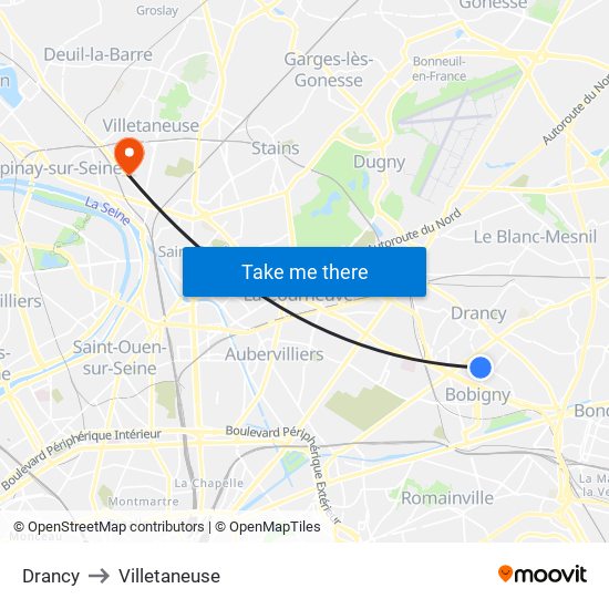 Drancy to Villetaneuse map