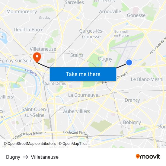 Dugny to Villetaneuse map