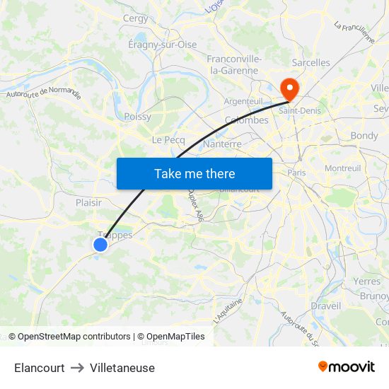 Elancourt to Villetaneuse map