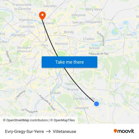 Evry-Gregy-Sur-Yerre to Villetaneuse map