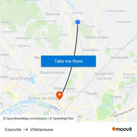 Ezanville to Villetaneuse map