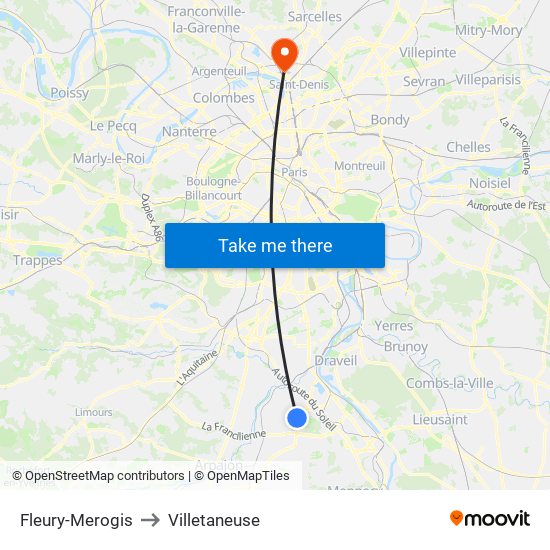 Fleury-Merogis to Villetaneuse map