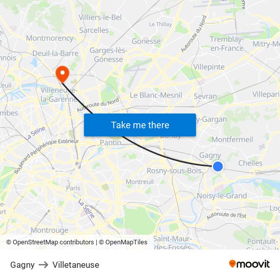Gagny to Villetaneuse map